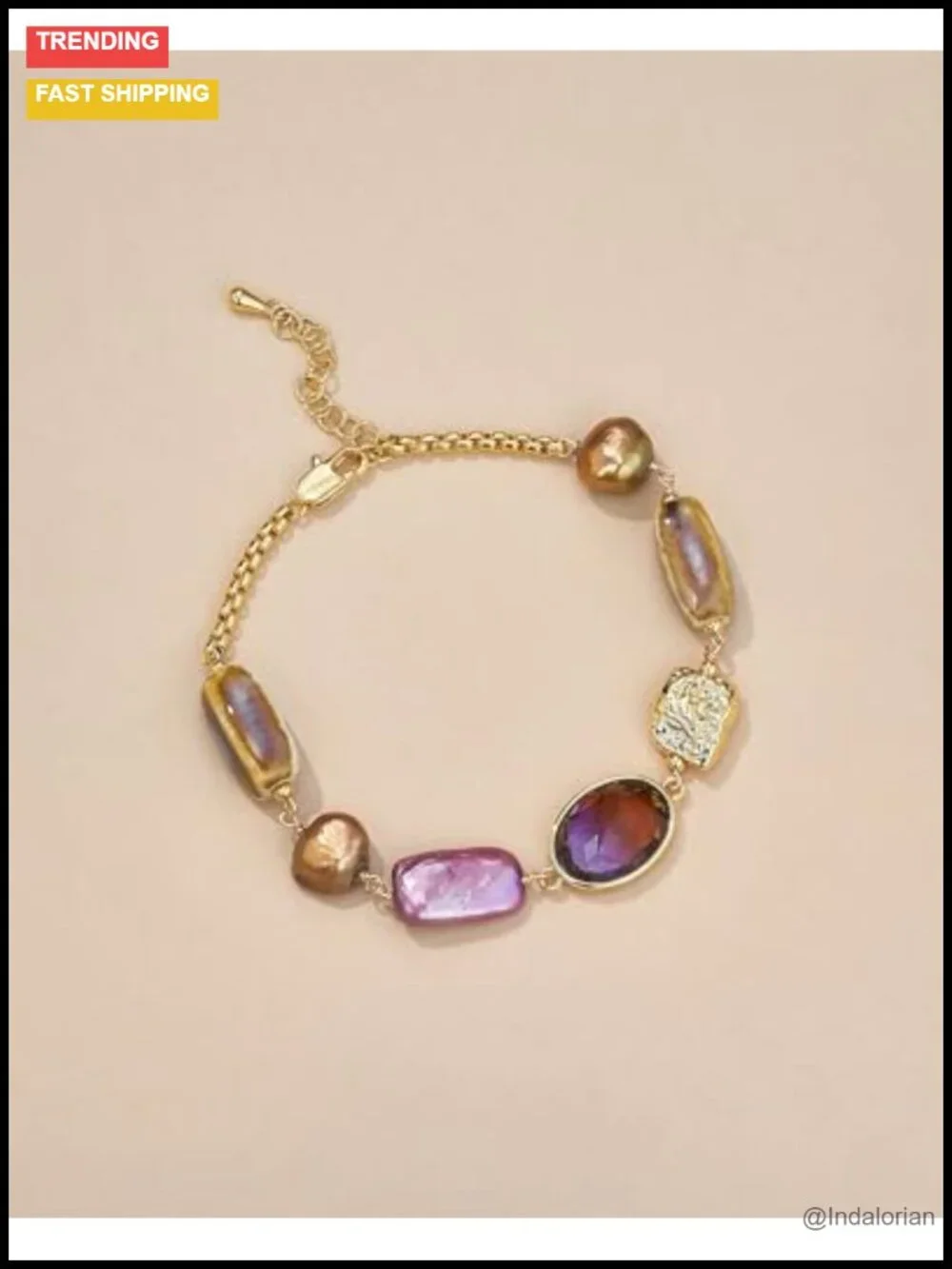 Gold Plated Beaded Bracelet Adjustable Pearl Shell Turquoise Gemstone